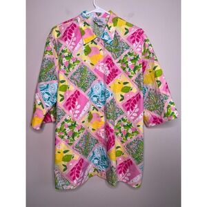 Lilly Pulitzer Pink Blue Yellow Green Floral Lattice Lemons Limes Fruits Shirt M